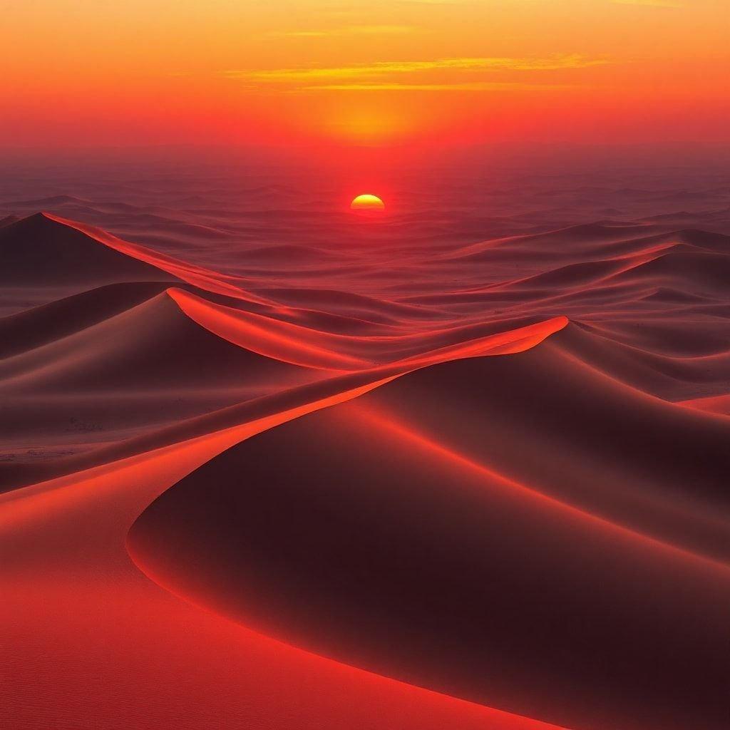 This image is a stunning sunset in the desert. The sky is painted with hues of orange, pink, and purple, and the sun is setting behind the dunes. The sand is a deep red color, and the overall atmosphere is peaceful and serene.