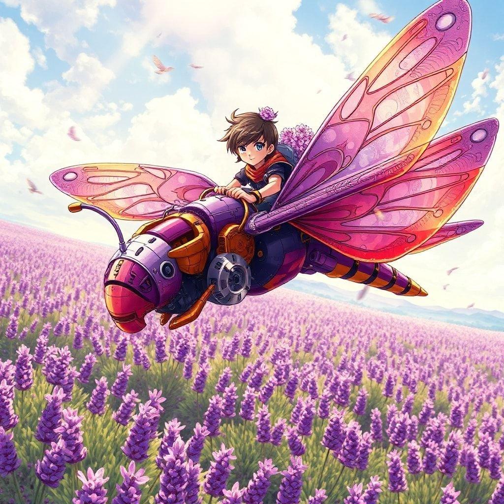 Embark on a thrilling anime adventure with this captivating wallpaper featuring a young boy riding a dragonfly-shaped mecha through a field of lavender flowers. The mecha's vibrant purple and orange hues are adorned with intricate patterns and a crown of purple flowers, capturing a sense of motion and adventure.