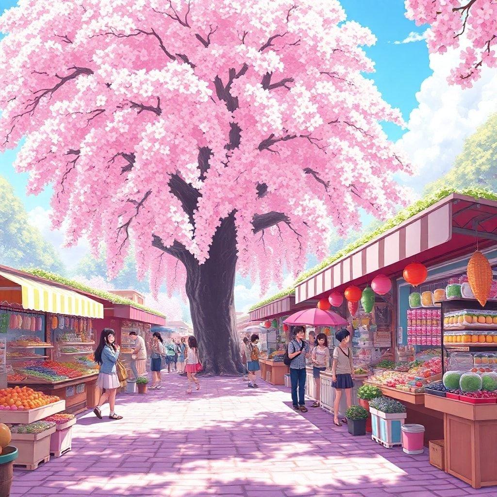 Step into a vibrant anime market scene, where a large tree adorned with pink flowers sets the tone for a bustling marketplace. Colorful vendor stalls and vendors add to the lively atmosphere, making this a unique and captivating wallpaper.