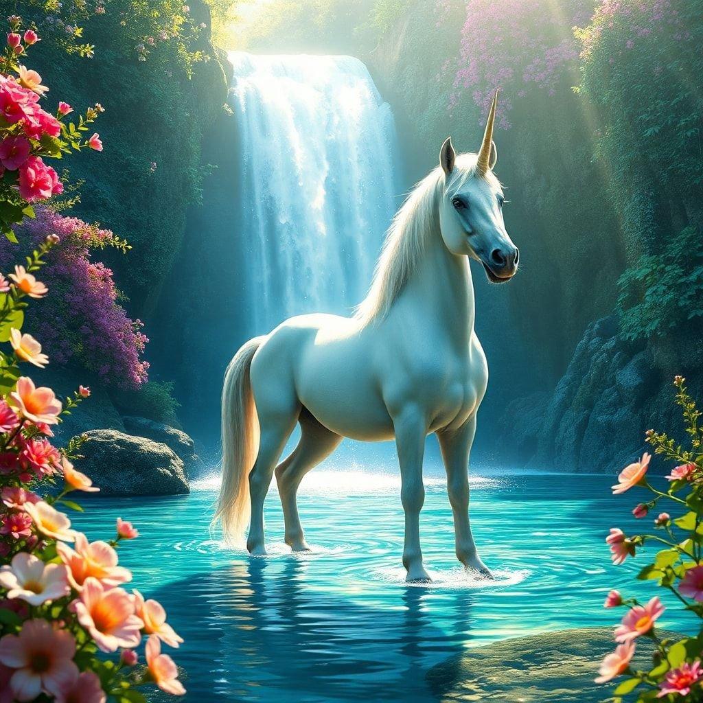 A majestic unicorn stands amidst the lush greenery, with a waterfall cascading behind it. The image captures a serene moment from a fantasy realm where mythical creatures thrive.