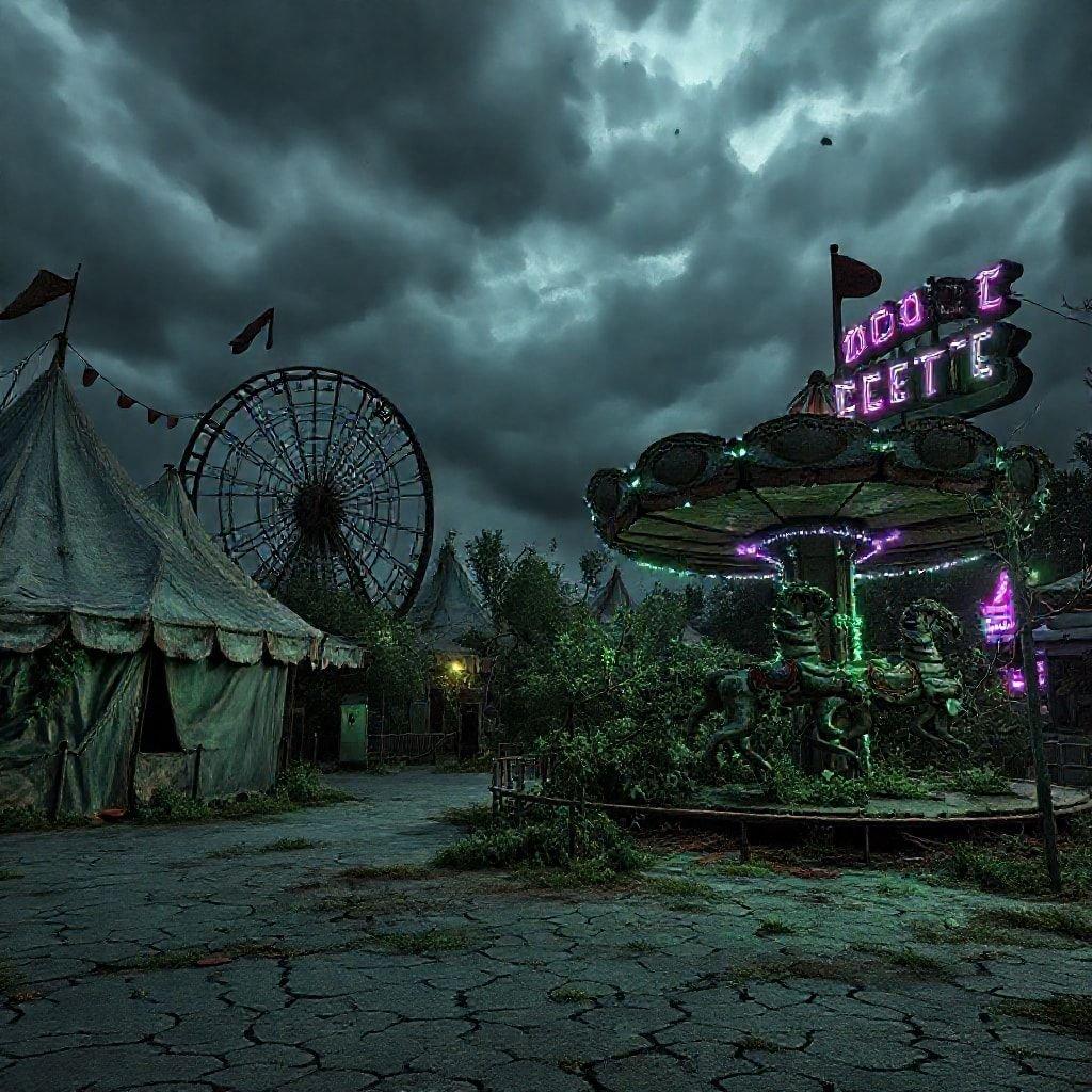 A desolate carnival scene with an abandoned Ferris wheel in the distance, a closed tent, and a sign that once read 'Welcome to the Carnival' now reading 'Do Not Enter'. The atmosphere is eerie with dark clouds looming overhead.