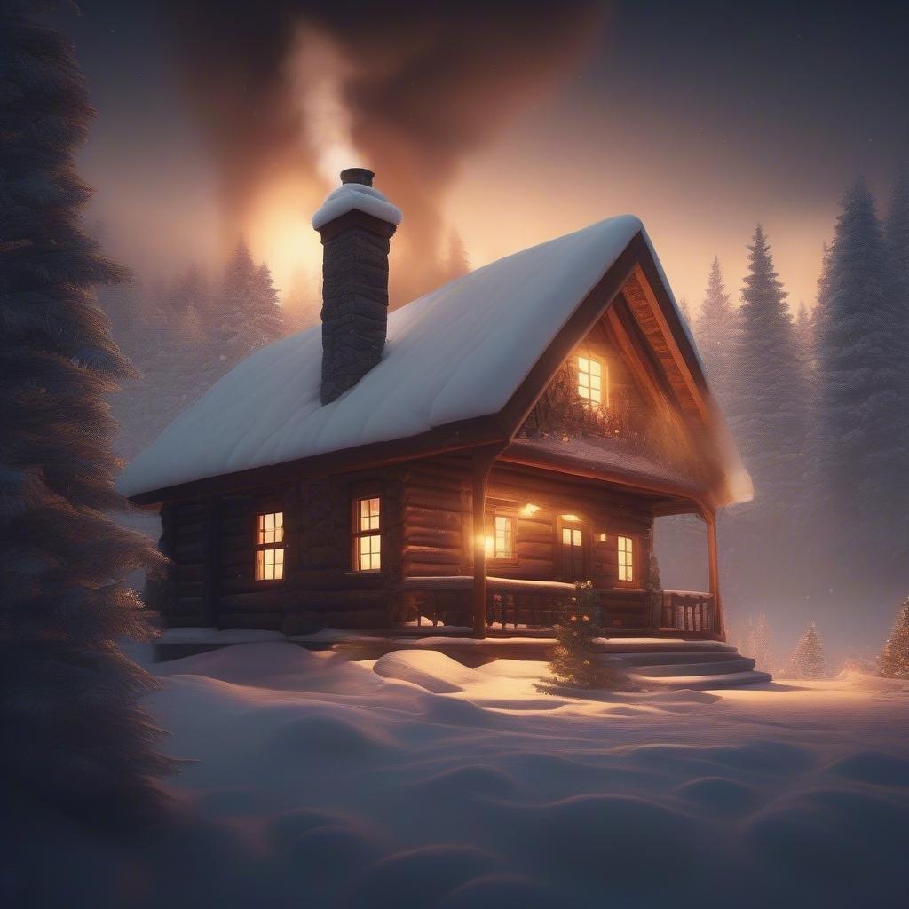 A beautifully lit cabin with the warm glow of holiday lights, set against a snowy backdrop.