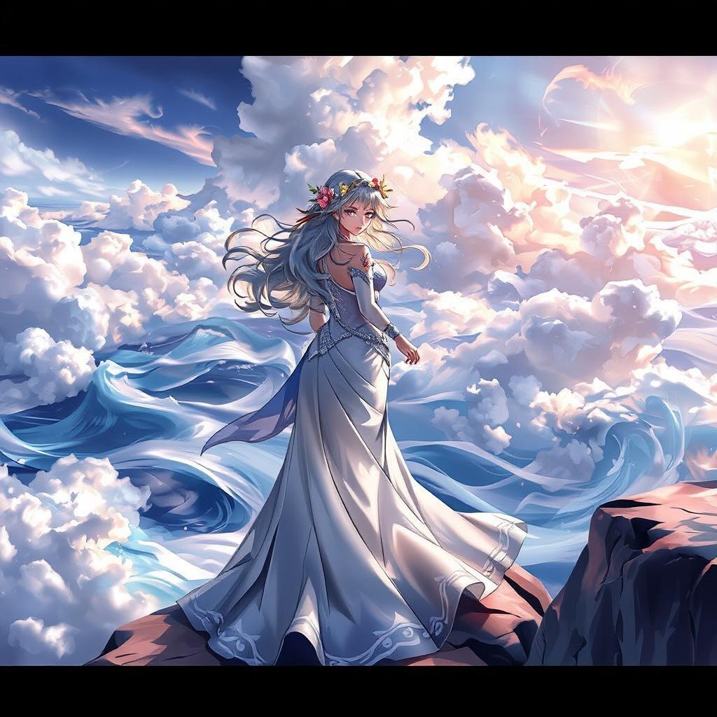 This stunning anime illustration features a charming mermaid princess standing on a cliff, overlooking an ocean of swirling clouds. Her elegant figure, clad in a flowing white gown and adorned with a crown of flowers, adds a whimsical touch to this serene scene.