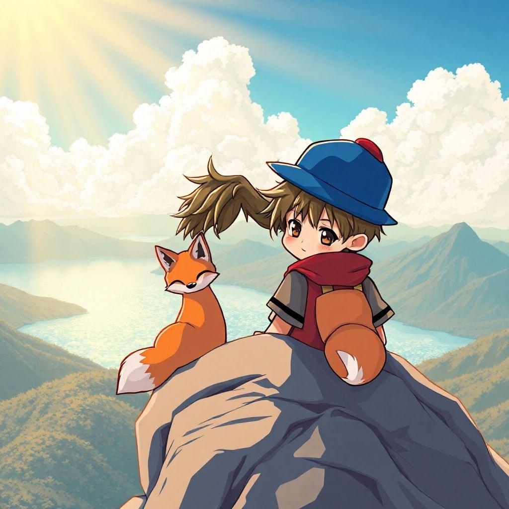 Diese Anime-Illustration zeigt einen jungen Jungen mit einem Fuchs, der auf einem Berggipfel sitzt und über einen ruhigen See blickt, was eine friedliche Atmosphäre schafft.