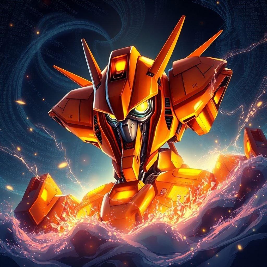 This high-energy wallpaper features a detailed digital illustration of a mecha robot emerging from a sea of digital code, its vibrant orange and yellow armor contrasting the dark background. The robot's expressive eyes peer out, adding an anime-like aura to the scene.