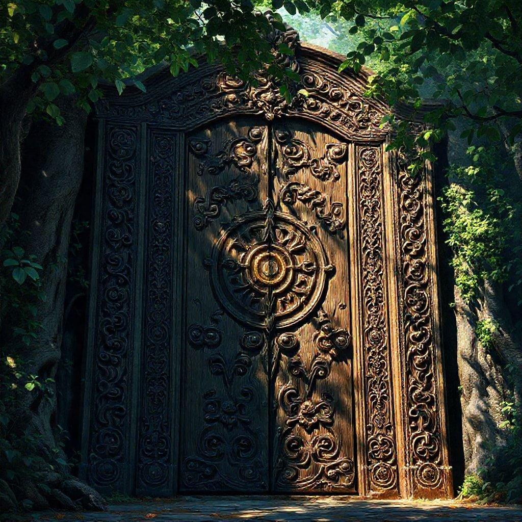 A majestic ancient door made of carved stone, set within a forest clearing. The intricate design suggests an enchanted realm beyond.