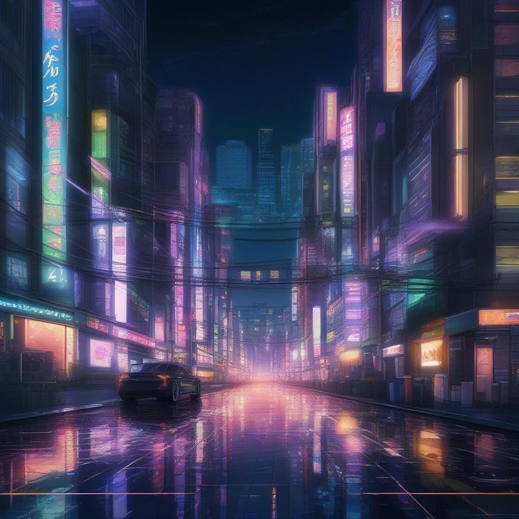 A vibrant digital illustration depicting a bustling Tokyo cityscape at night. The street is slick with rain, reflecting the glow of neon lights from buildings and signs. A car drives down the wet road under a dark sky filled with stars.