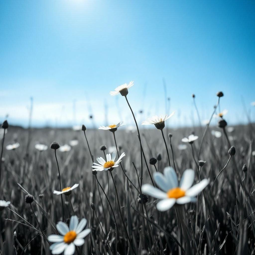 A stunning black and white wallpaper featuring a field of daisies in the foreground and a blue sky in the background.