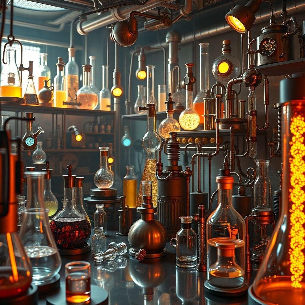 Delve into the mysterious world of alchemy with this vintage-style laboratory wallpaper. Surrounded by a variety of flasks, beakers, and alembics, one can almost hear the echoes of ancient chemical experiments.