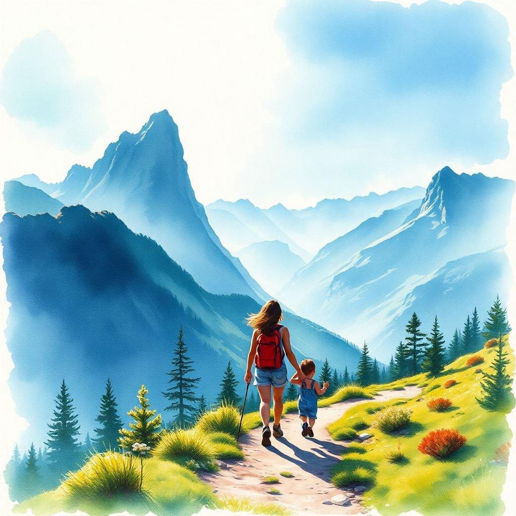 A heartwarming scene of a mother and child hiking together, capturing the essence of Mother's Day.