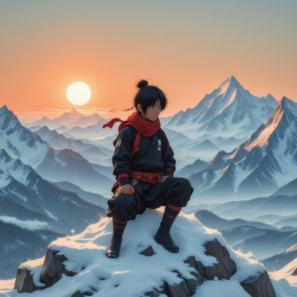 Dieser Anime-Hintergrund zeigt einen jungen Ninja-Krieger, der auf einem schneebedeckten Berg sitzt und Ruhe ausstrahlt, während die untergehende Sonne einen orangefarbenen Schein auf die lebhaften Berge wirft.