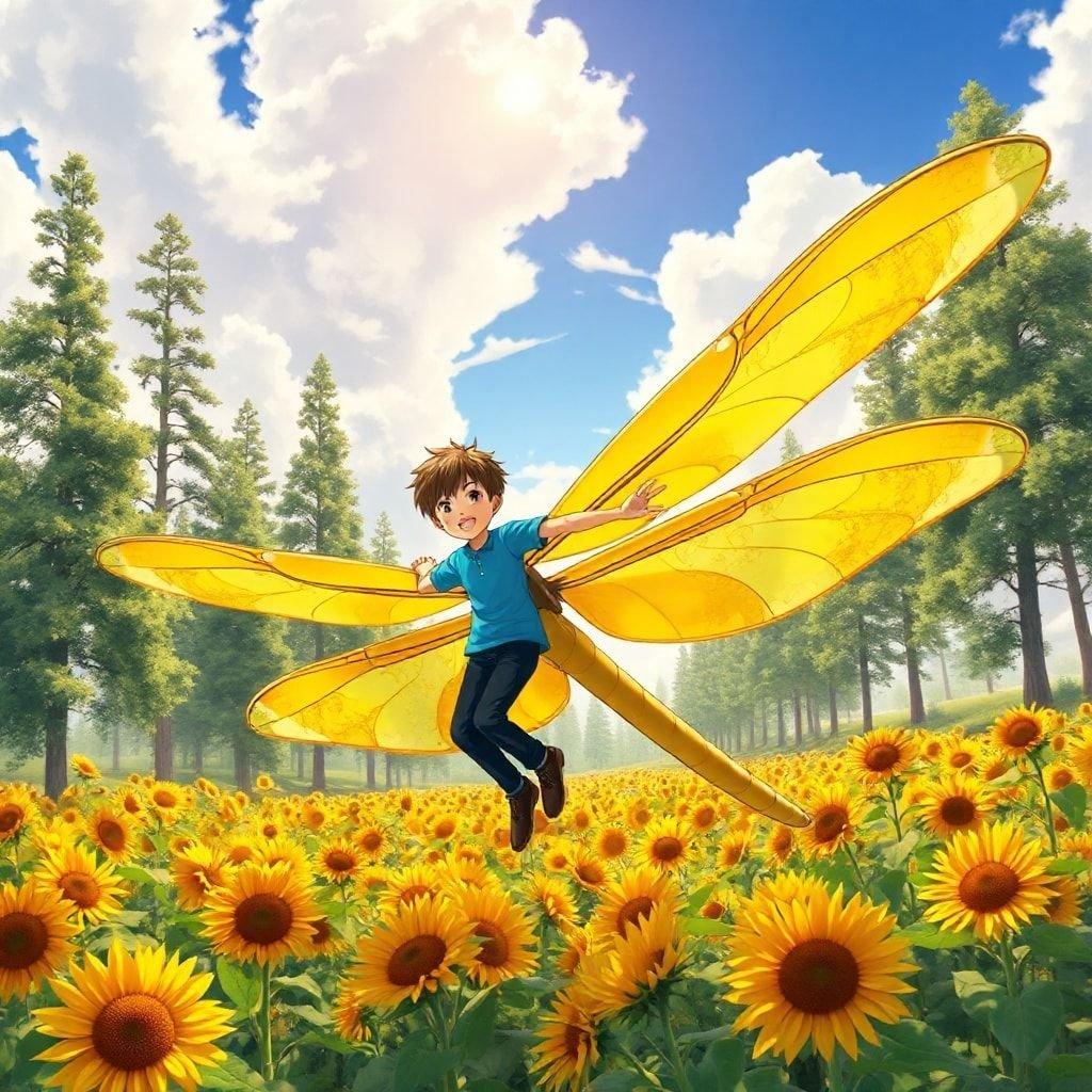 Immerse yourself in the vibrant world of anime with this captivating wallpaper, where a young boy embarks on a thrilling journey atop a majestic dragonfly amidst a sunflower field, set against a backdrop of towering trees and a dramatic cloudy sky.