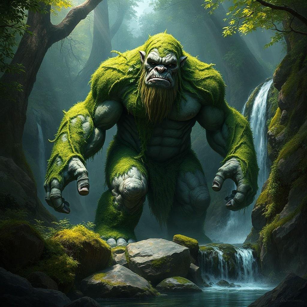 In the misty forest, this troll stands tall. His muscular build and green fur give him a menacing appearance, but he seems to be at peace in his natural habitat.