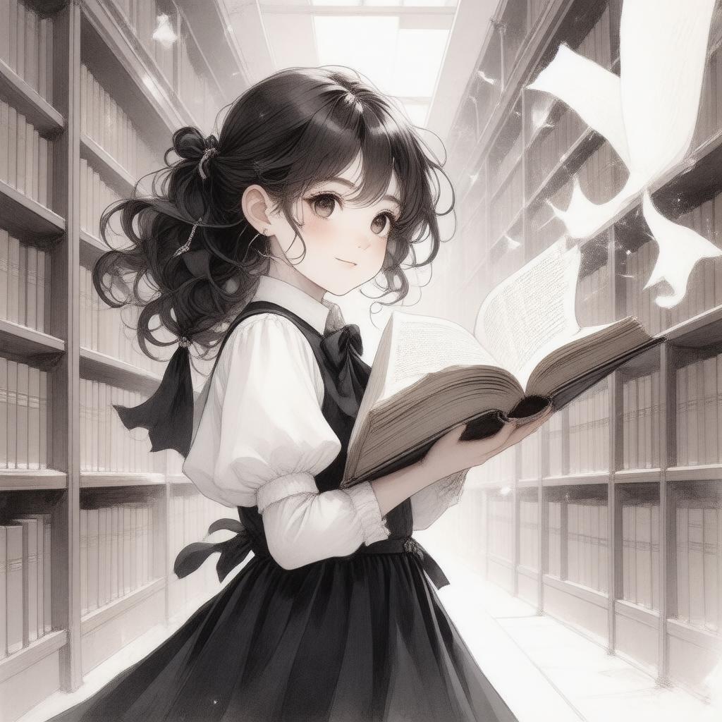 Step into the enchanting world of this anime girl, lost in the pages of a large book. Her shy demeanor is captivating, as she transports the book to her face, surrounded by a fantastical library backdrop. The illustration is a captivating scene, capturing a sense of adventure and curiosity.