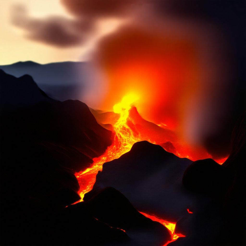 Explore o mundo fantástico das erupções vulcânicas, onde a natureza exibe seu poder bruto. O brilho ardente do fluxo de lava adiciona um toque dramático a esta cena de tirar o fôlego.