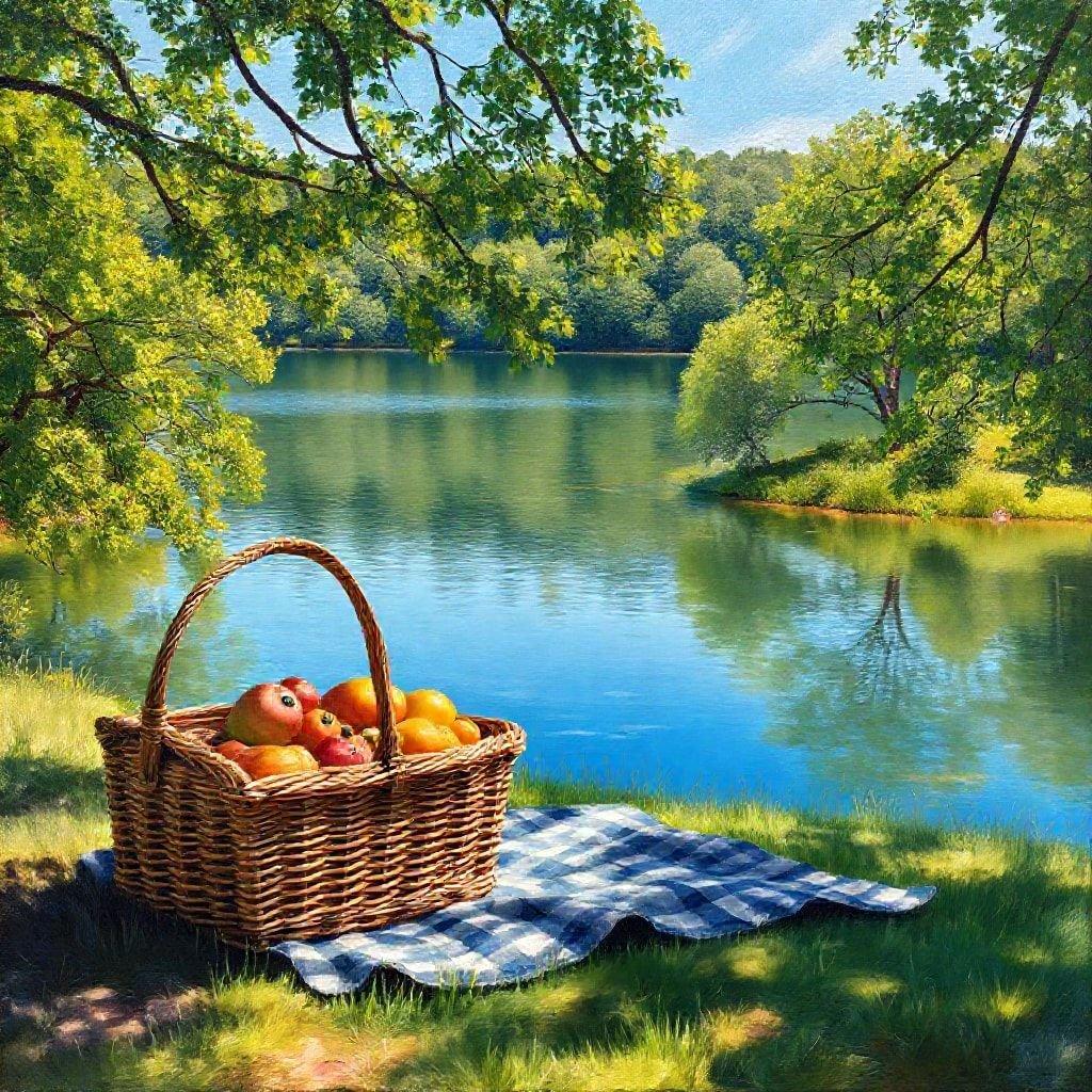 A serene scene with a basket full of fruits, inviting you to enjoy a healthy snack amidst the beauty of nature.