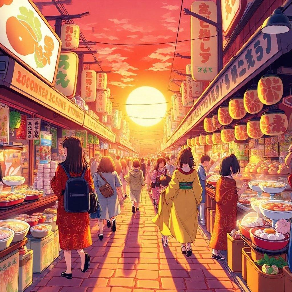 Immergiti nel vibrante mondo degli anime con questo affascinante sfondo del mercato. Le bancarelle affollate, adornate con colorati kimonos, prendono vita sotto il caldo bagliore del sole al tramonto. Una festa per gli occhi, questo sfondo ti trasporta in un regno di incanto e meraviglia.