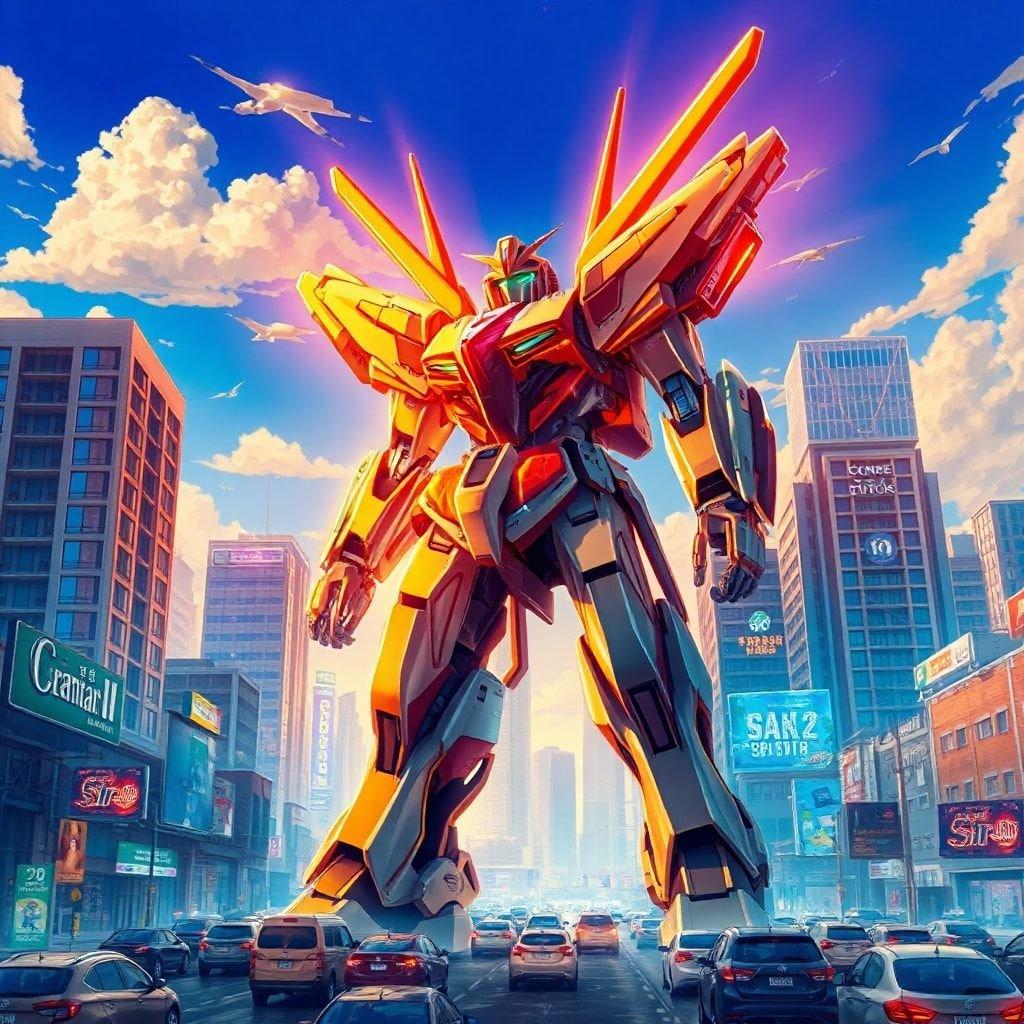 A thrilling view of a bustling city under the watchful eye of a futuristic mecha. The scene is a blend of vibrant colors and dynamic elements, showcasing the best of anime-inspired art.