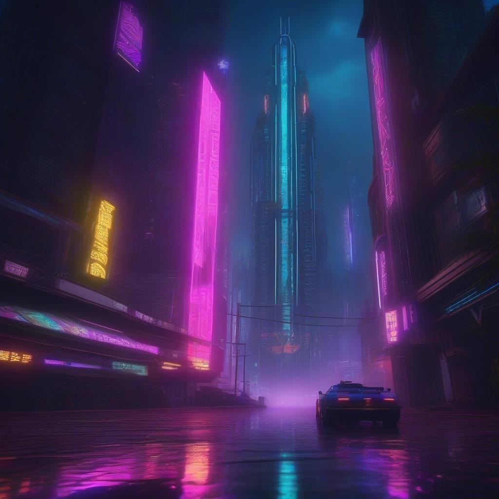 A dark, wet city street at night, glowing with neon signs. A vehicle cruises down the rain-slicked road, casting reflections on the slick asphalt.