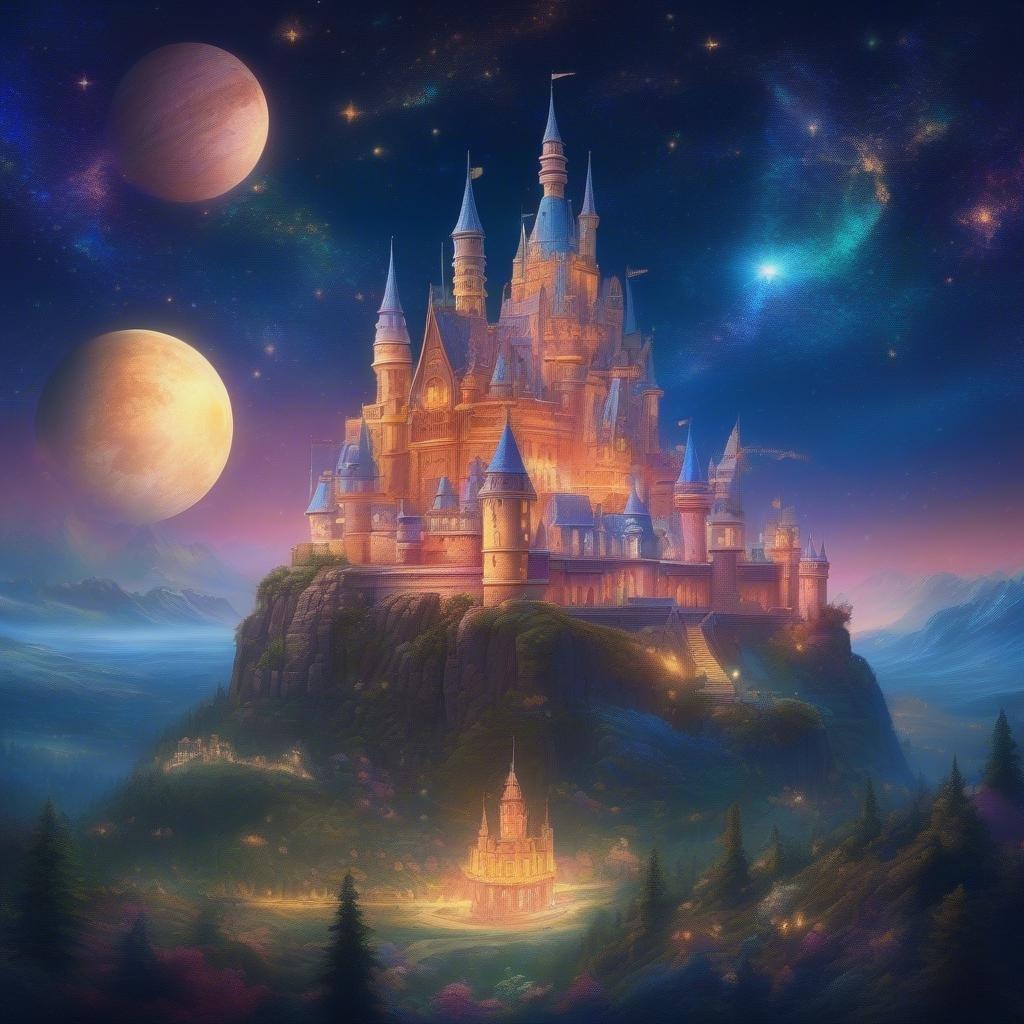 An enchanted castle stands against the backdrop of the night sky, with stars twinkling in the distance. A crescent moon hangs above, casting a magical glow on the fairytale scene below.