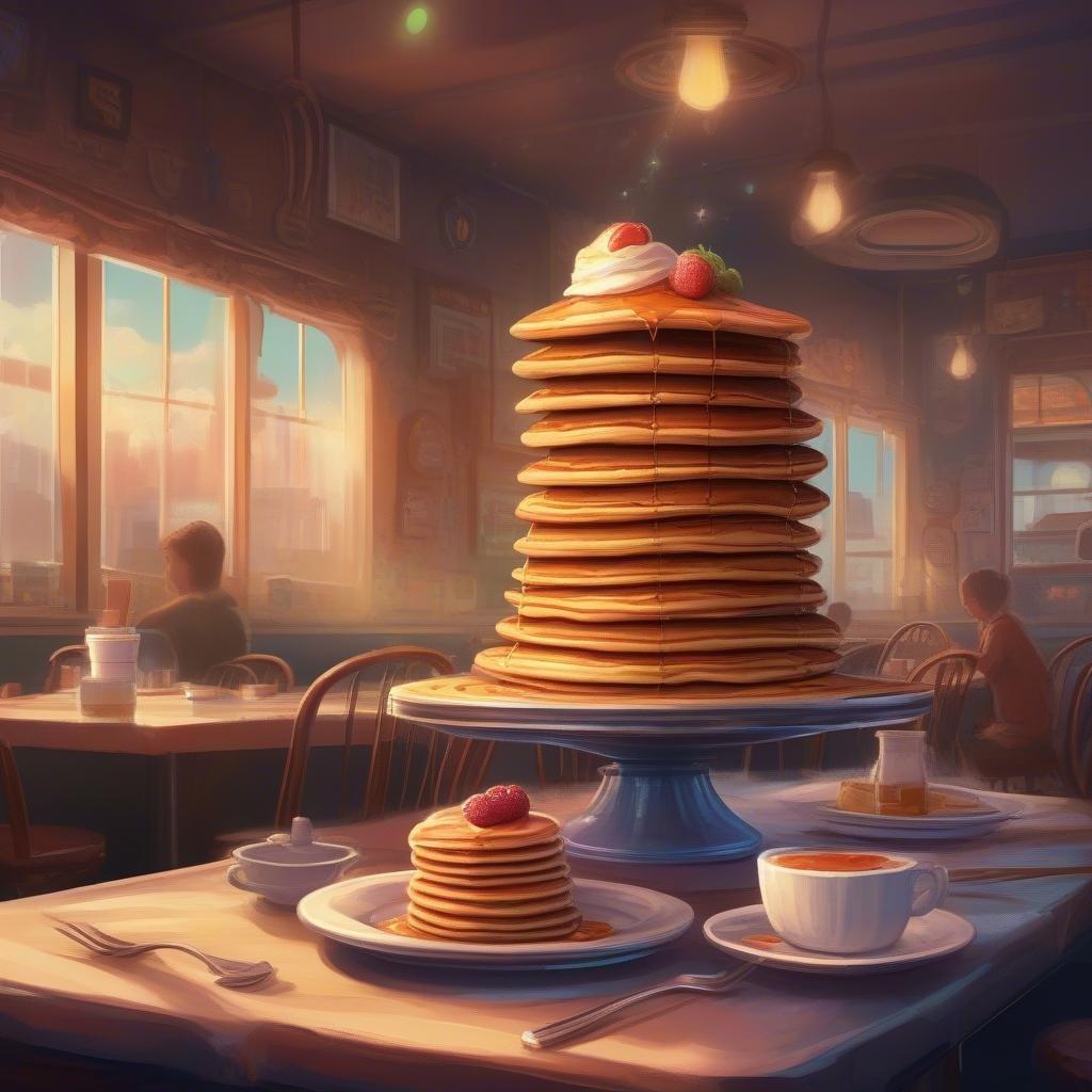 A cozy cafe scene with an appetizing stack of golden pancakes, ready to be savored. A warm and inviting atmosphere for a leisurely meal.