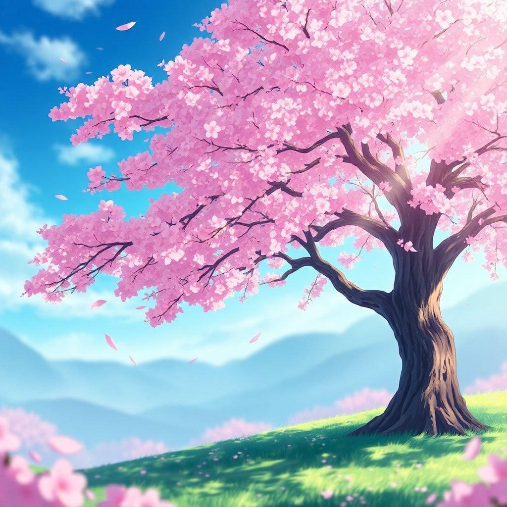 Immerse yourself in the tranquil beauty of this anime-style illustration, where a majestic cherry blossom tree takes center stage. The serene scene, bathed in soothing blue and green hues, invites you to escape into a world of fantasy and peace.