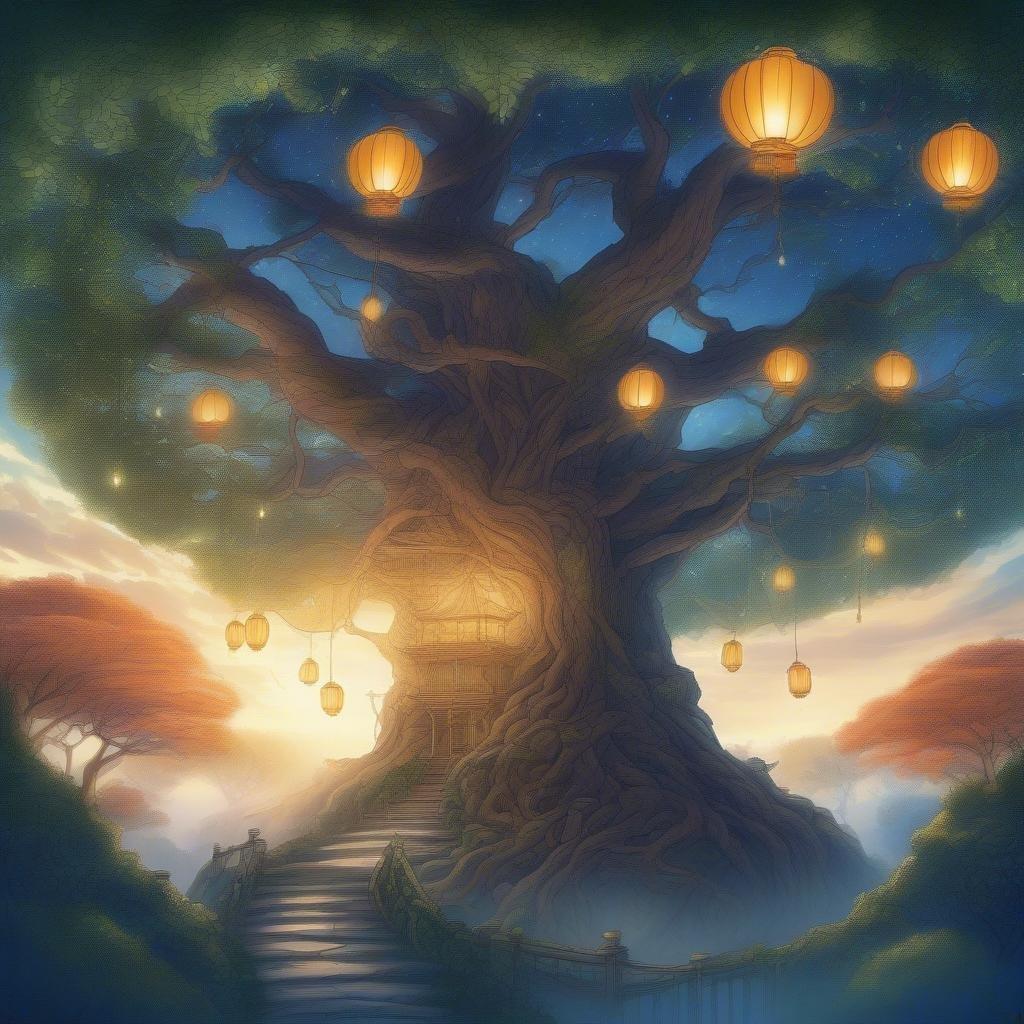 Una miscela magica di natura e fantasia, mentre un grande albero in stile anime è adornato di lanterne che brillano come stelle contro il profondo cielo blu. I rami e le foglie intricati sono immersi in un morbido bagliore, creando un'atmosfera serena e incantevole.