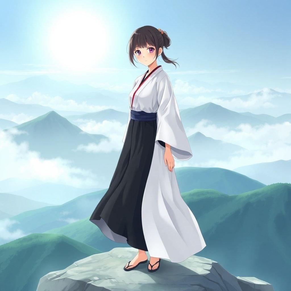 A serene anime-style illustration of a young woman standing on a mountain peak, surrounded by misty mountains.