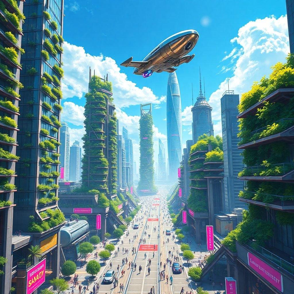 A bustling cityscape where nature and technology coexist, with a giant flying vehicle soaring above.