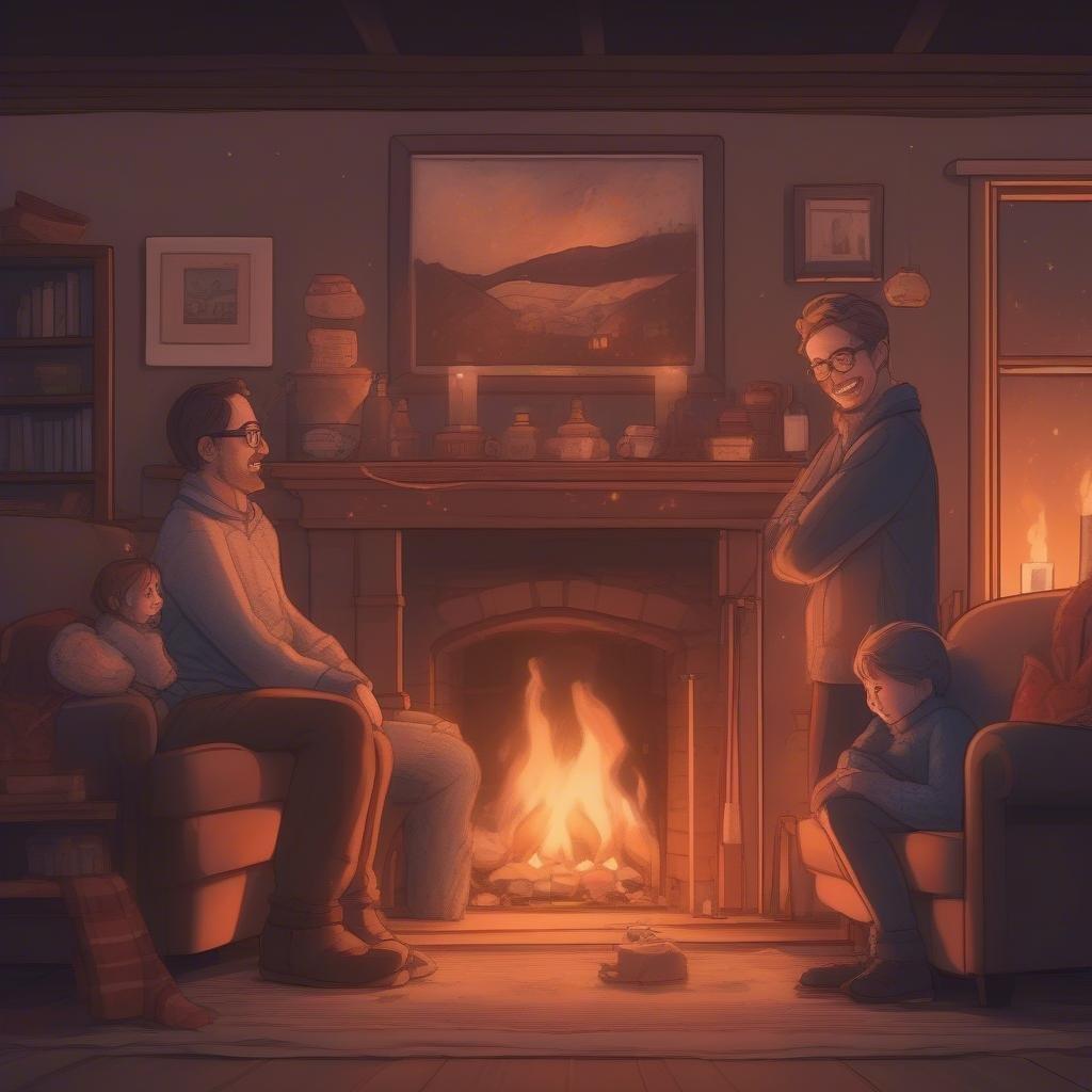 A heartwarming scene of a father and son enjoying quality time by the fireplace, perfect for celebrating Father's Day.