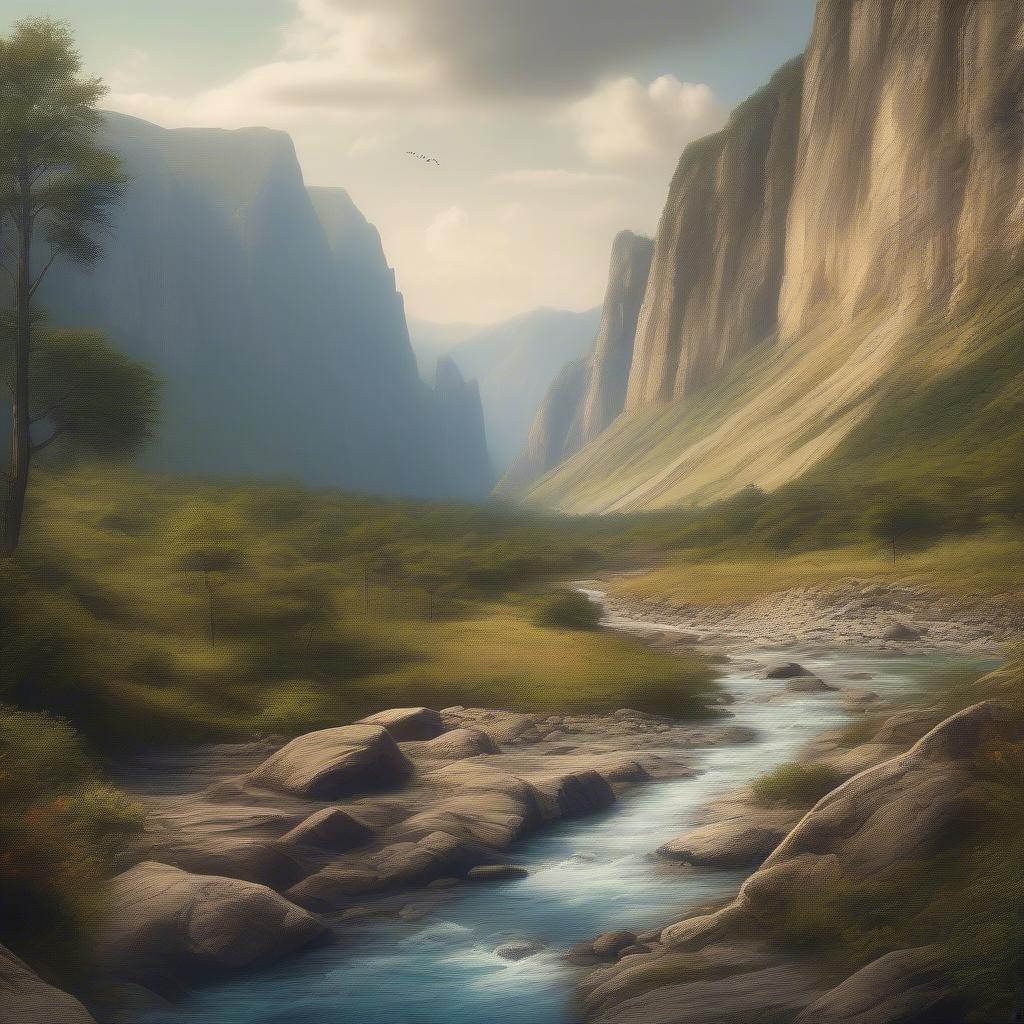 A breathtaking view of a river flowing through a valley surrounded by mountains, creating a sense of tranquility and natural beauty.