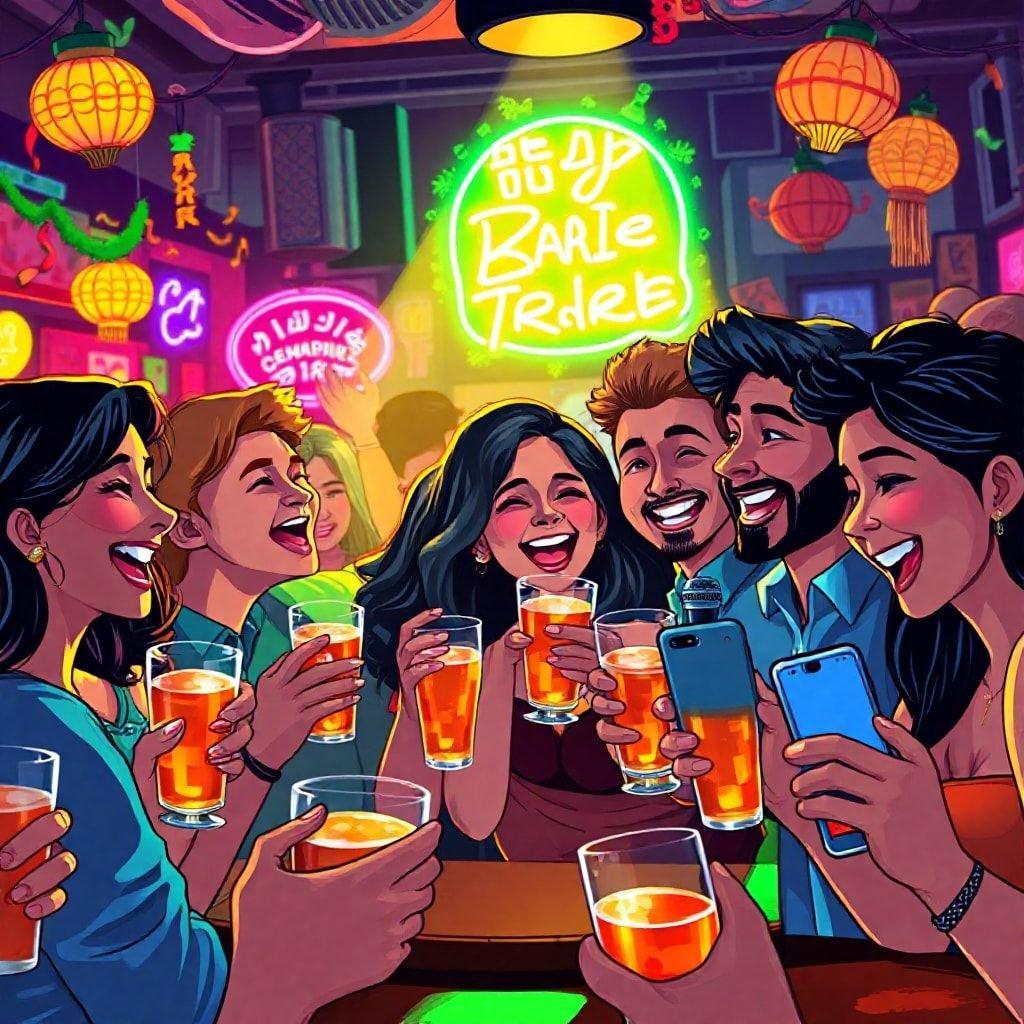 A group of friends enjoying drinks together, sharing laughter and camaraderie. The perfect wallpaper to bring a bit of nightlife charm to your desktop or phone.