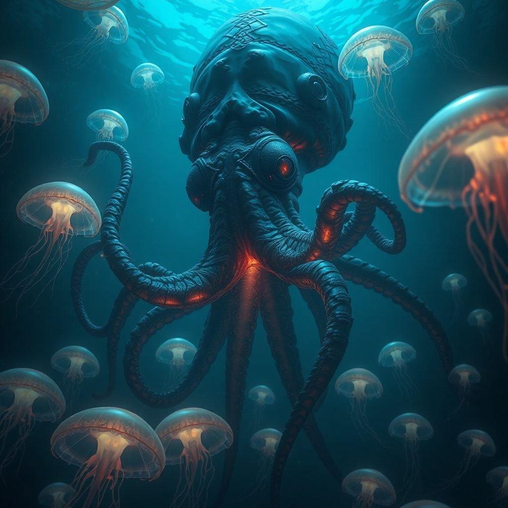 Explora el vibrante mundo submarino a través de esta imagen ricamente detallada que presenta una variedad de criaturas marinas, desde calamares hasta un pulpo. Sumérgete en las profundidades donde la vida prospera en la vasta extensión azul.