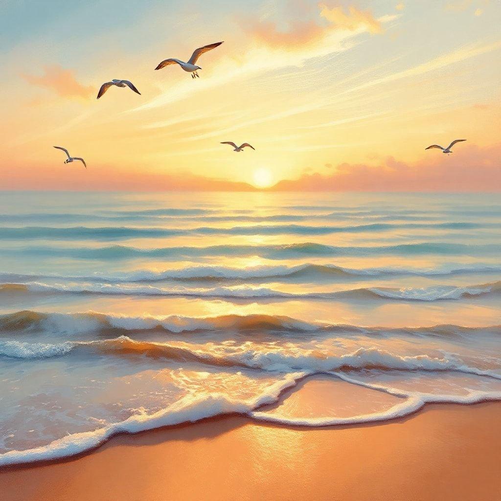 A breathtaking sunset over the ocean, with seagulls soaring in the sky. The perfect blend of natural beauty and tranquility.