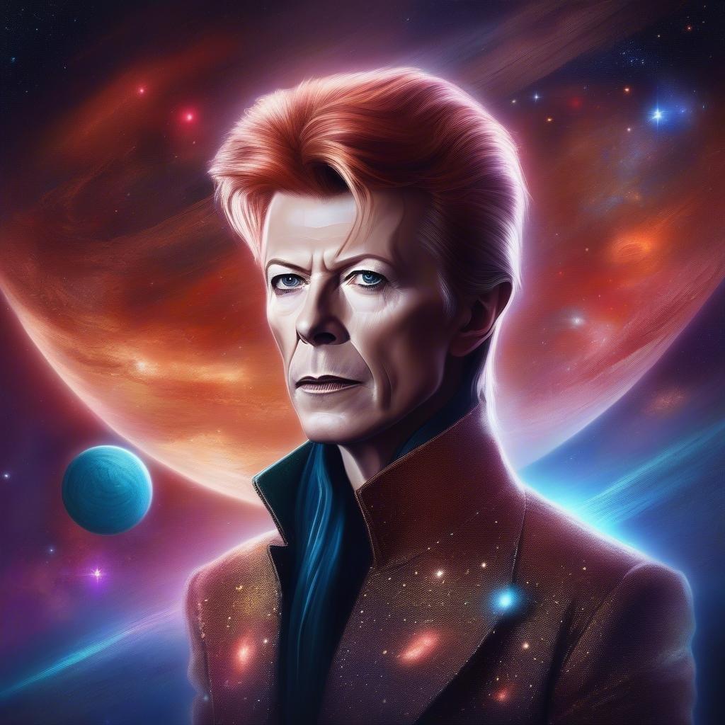 Un portrait futuriste de David Bowie, évoquant l'aura d'un autre monde de sa carrière musicale emblématique.