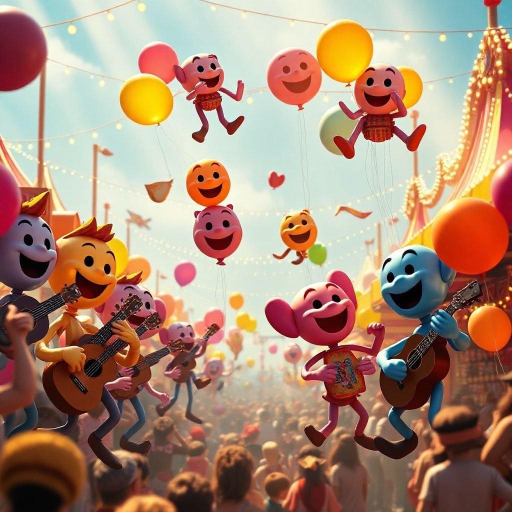 Lively scene from a carnival at dusk, with balloons floating in the sky above a crowd enjoying music and celebration.