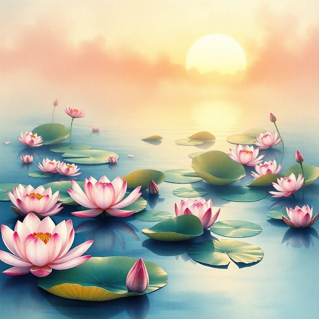 Enjoy the tranquil beauty of a misty morning over a calm lake, where delicate pink and red lotus flowers bloom amidst floating lily pads under the warm sun's glow.