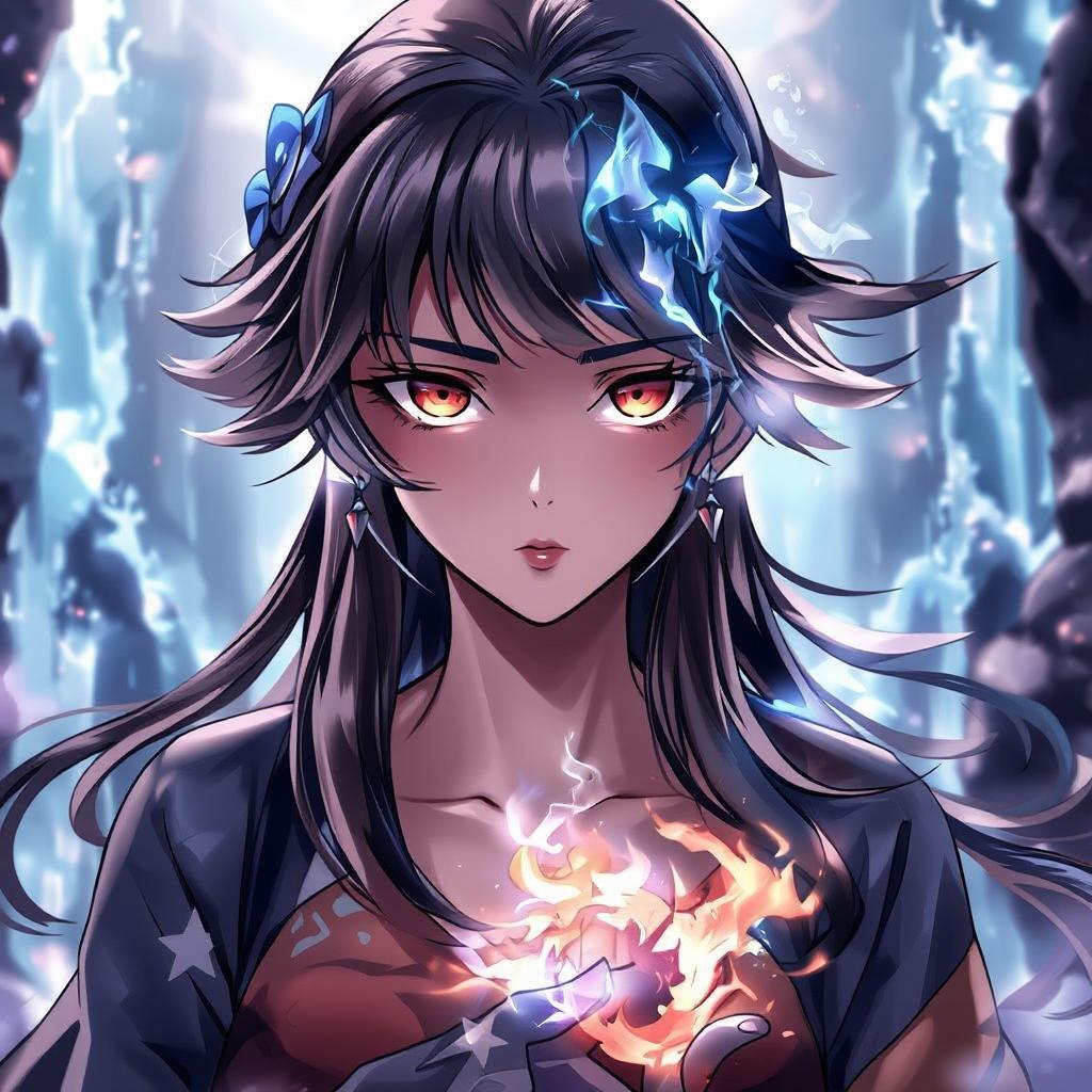 This anime girl illustration showcases a shy high school girl transforming into a powerful girl with a magical aura. Her hair flows like a waterfall, and the mysterious figure's face adds to the captivating, magical scene. The illustration captures a moment of tranquility, with a blurred background focusing attention on her powerful presence.