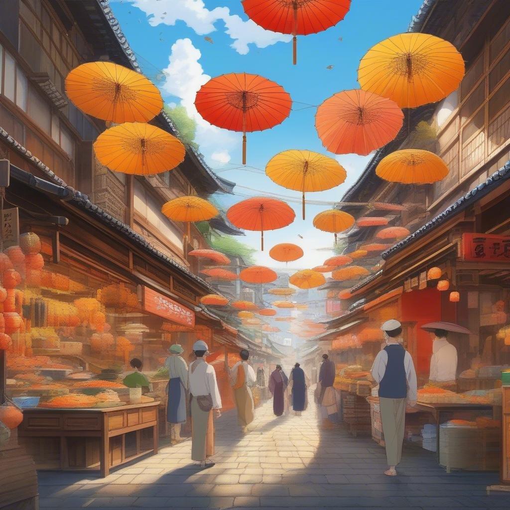 A vibrant street market scene bustling with life, featuring traditional Japanese buildings and numerous steaming dishes on display. The sky is a clear blue with the warm hues of yellows and oranges adorning the area, enhanced by the colorful umbrellas in the foreground. A large red and white sign stands out against the background. This animated wallpaper captures the essence of Japanese food culture and urban life.