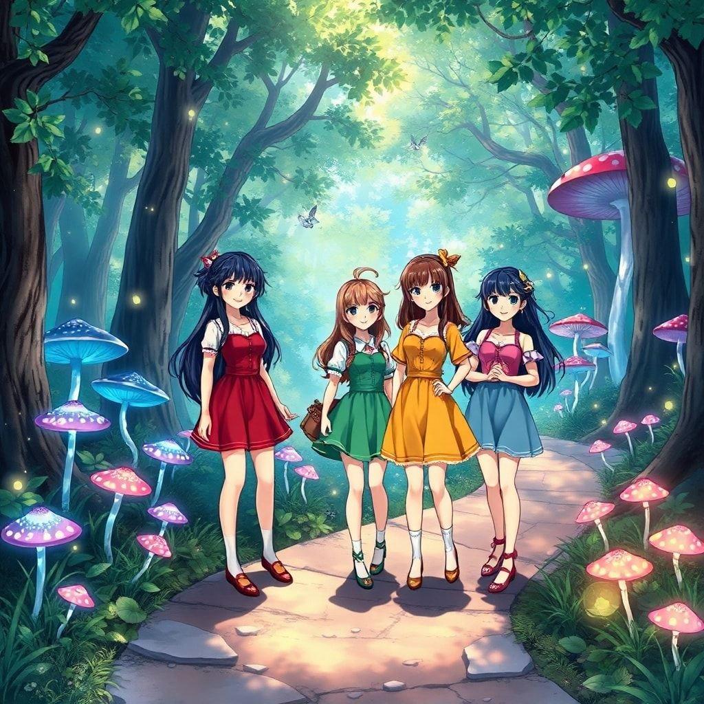 A group of four friends embark on an enchanting journey through a magical forest. Each girl is adorned in vibrant clothing that stands out against the backdrop of the lush environment, symbolizing their excitement for the adventure ahead. The path they tread upon seems to lead them into an unknown realm filled with wonder and possibility.