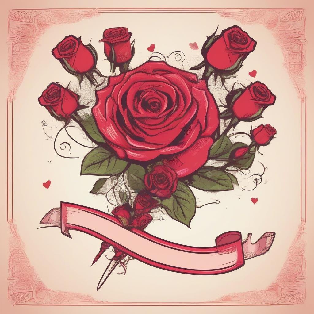 A whimsical illustration of a bouquet of red roses with an elegant swirl design at the bottom and a heart-shaped banner at the top, making it perfect for a romantic Valentine's Day wallpaper.