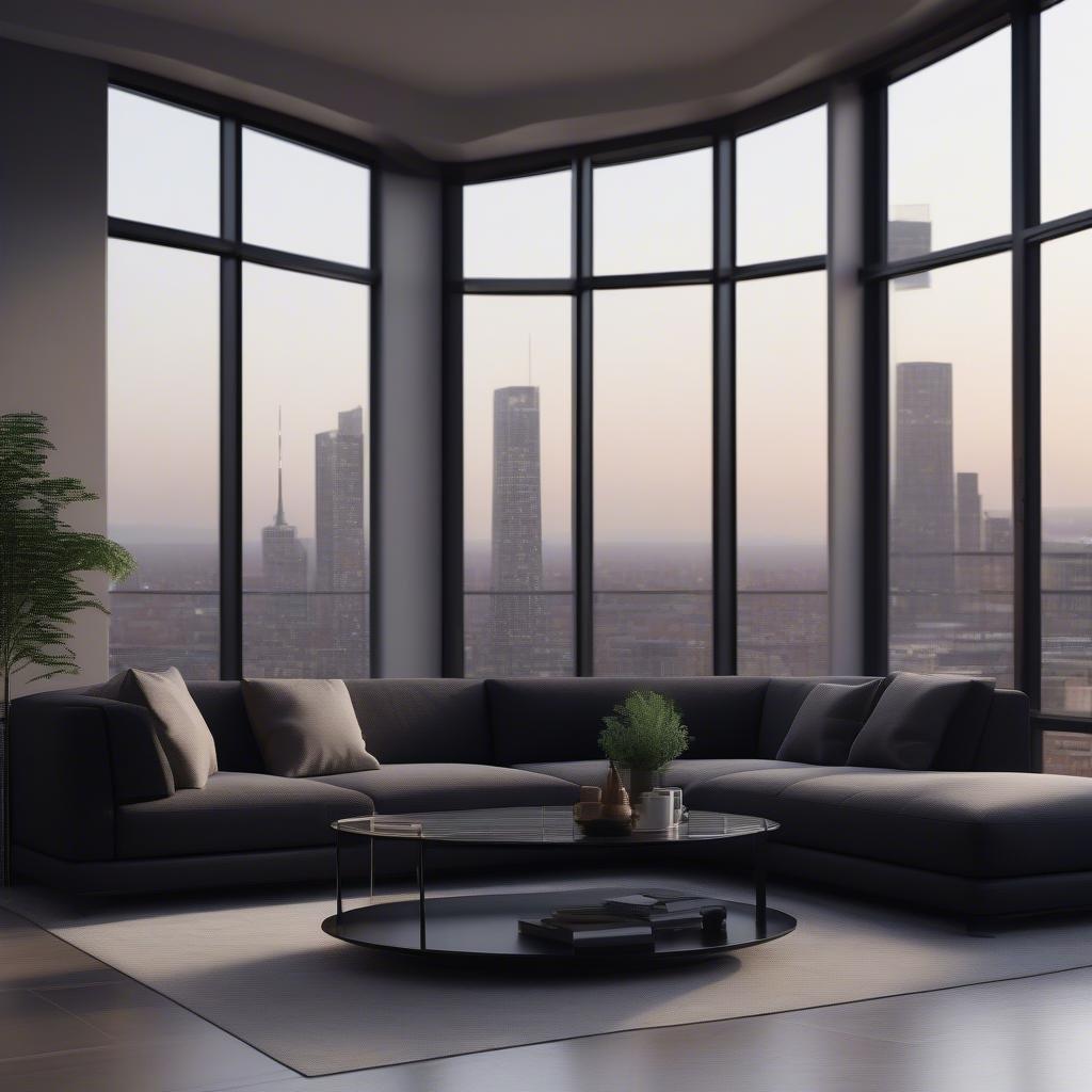 Experience luxury in this modern living room overlooking a breathtaking city skyline at sunset. The space is designed for relaxation, featuring a comfortable gray sofa set facing the panoramic windows, providing an unobstructed view of the iconic cityscape. The minimalist decor and natural light from the sunset lend a serene ambiance to this contemporary urban retreat.