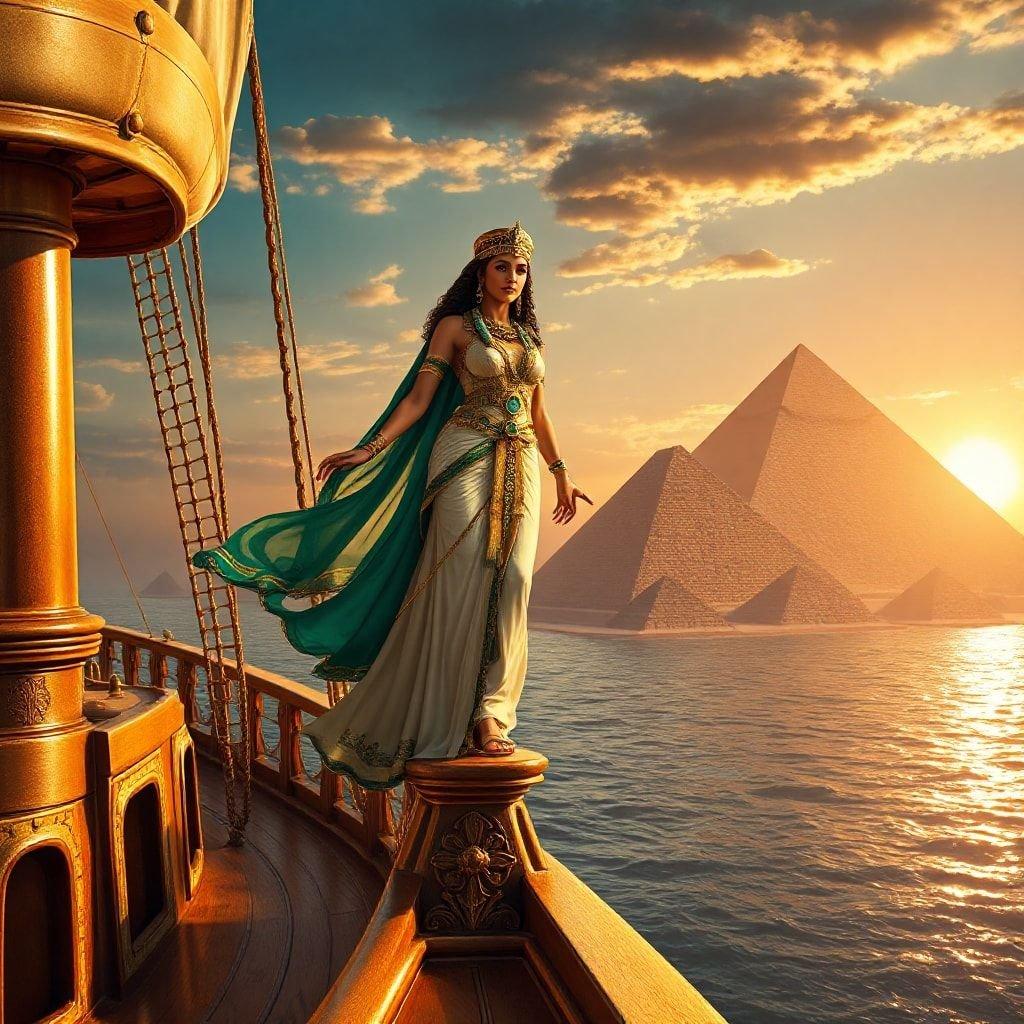 This stunning wallpaper features an ancient Egyptian queen standing on the deck of a ship, overlooking the majestic pyramids. The image captures the essence of ancient Egypt's grandeur and beauty.