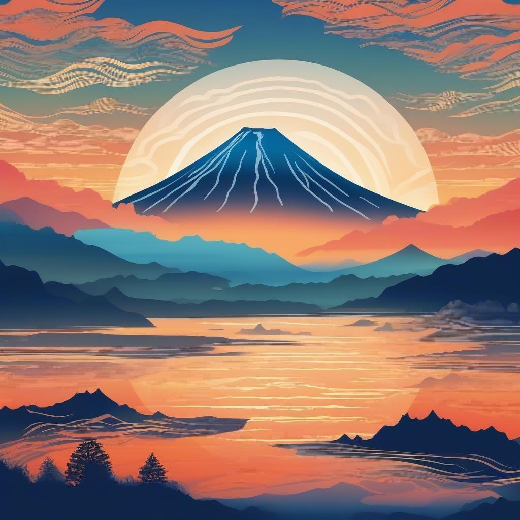 En lugn avbildning av den ikoniska Mount Fuji vid soluppgång, badad i en vacker palett av varma nyanser och dimma som ger en mystisk touch till scenen.