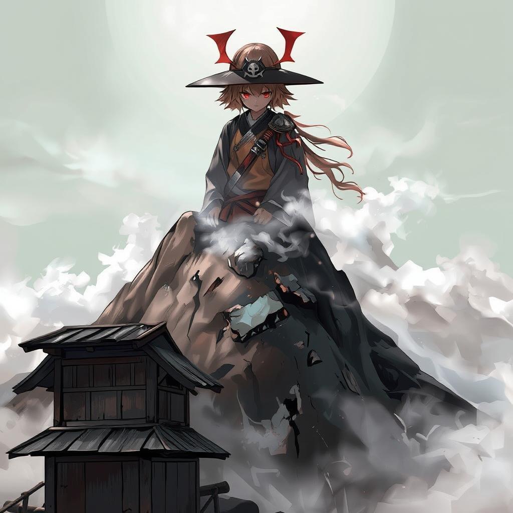 This anime illustration depicts a young samurai warrior standing on top of a mountain peak, surrounded by mist and clouds, creating an anime-like atmosphere.