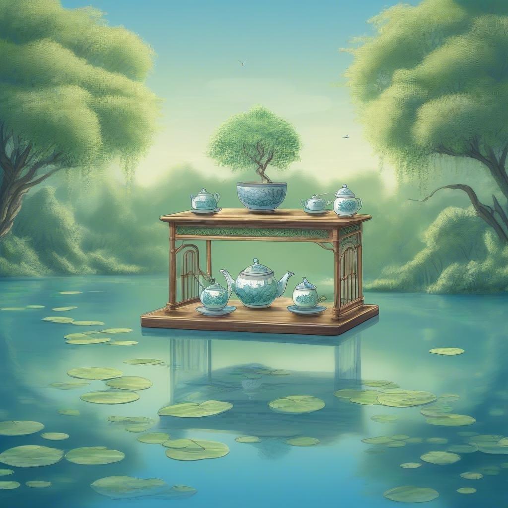 This stunning anime illustration features a beautiful tea set floating on a serene lake, surrounded by weeping willow trees. The soft green and blue hues of the tea set add to the peaceful atmosphere of the scene.