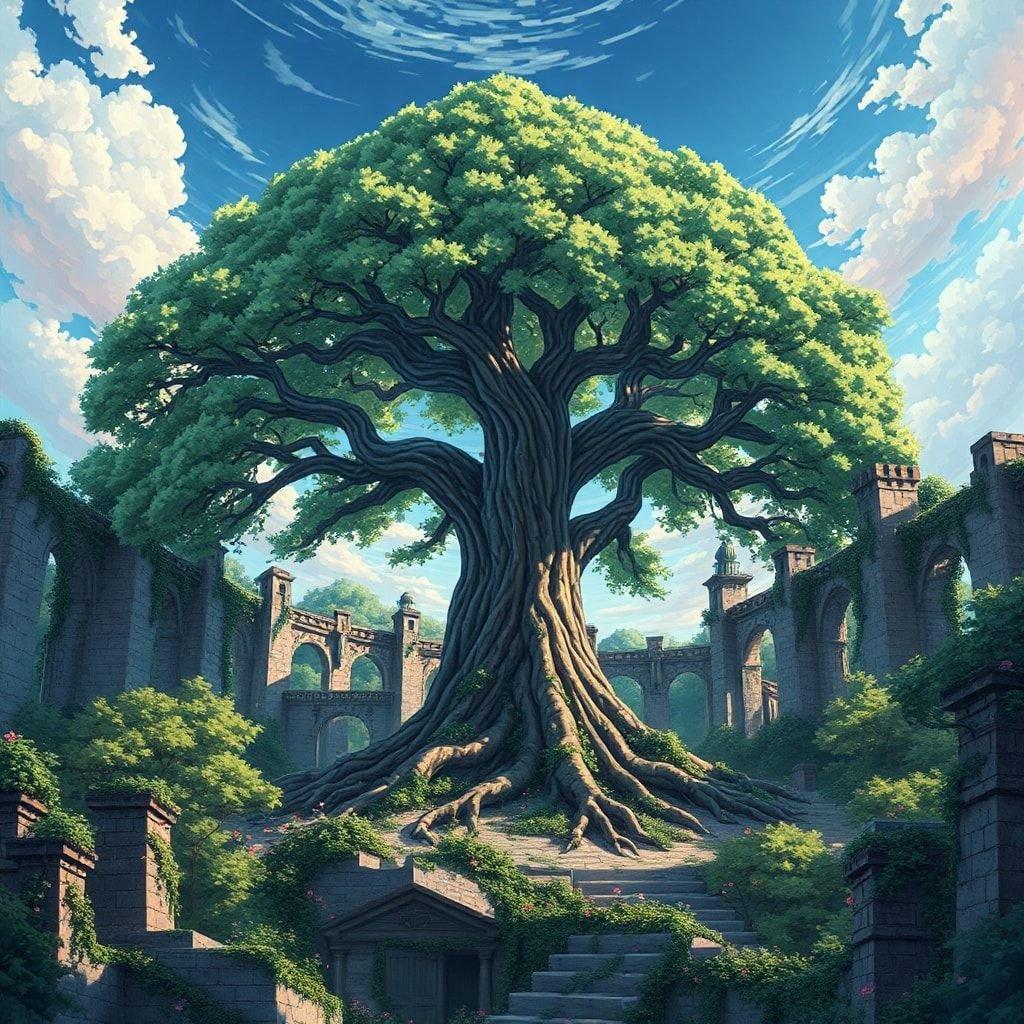 Questa illustrazione in stile anime rappresenta un maestoso albero che cresce dalle rovine di un castello feudale, circondato da una lussureggiante foresta e situato contro un profondo cielo blu con soffici nuvole bianche.