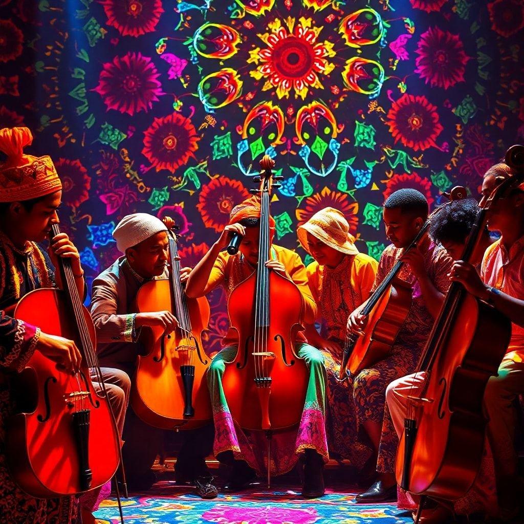 This wallpaper captures the essence of music, with a group of musicians playing their instruments in perfect harmony. The vibrant colors and dynamic composition create a lively and engaging atmosphere, making it a great choice for music lovers.