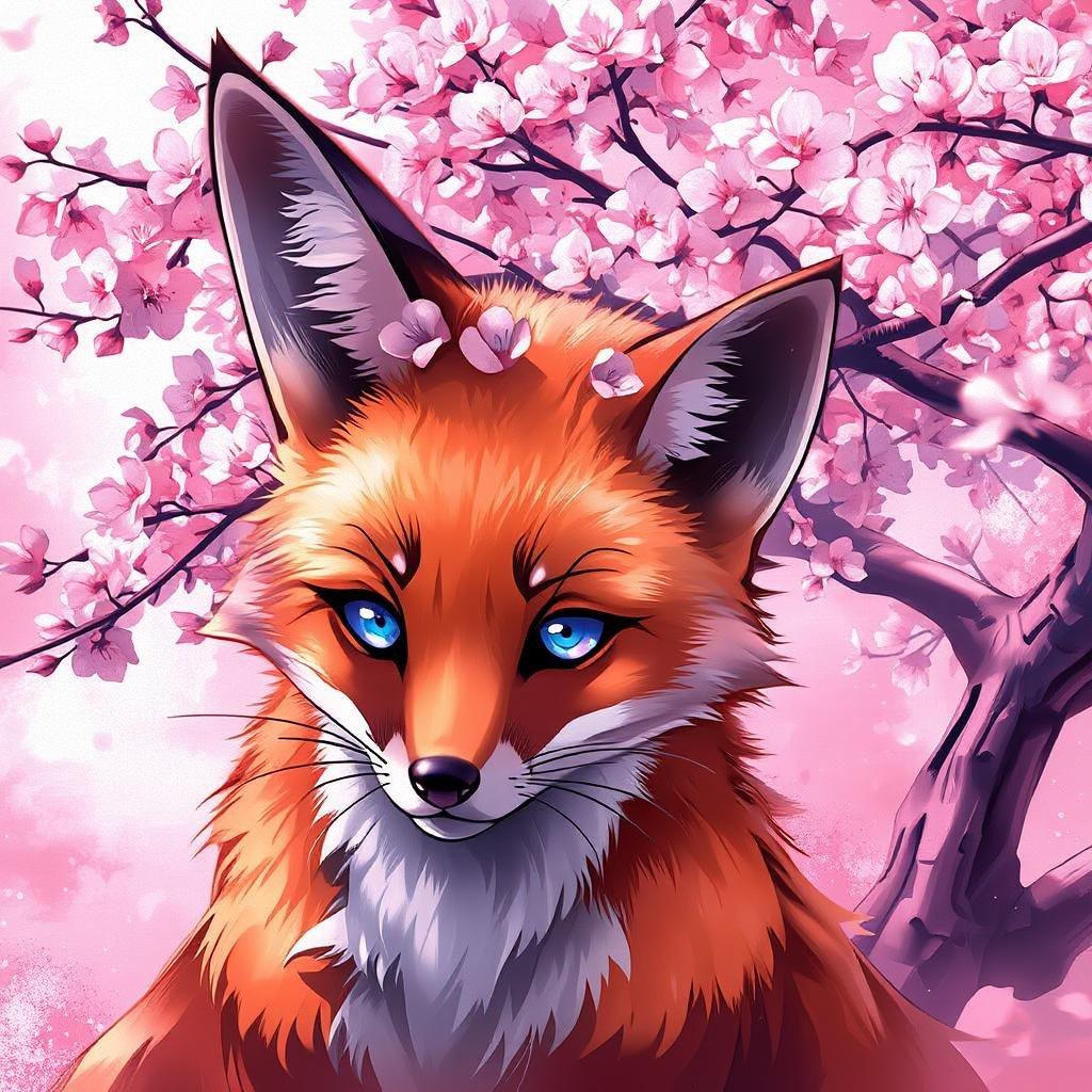 This anime-style illustration features a fox standing before a pink blossom tree, creating a serene and enchanting scene.