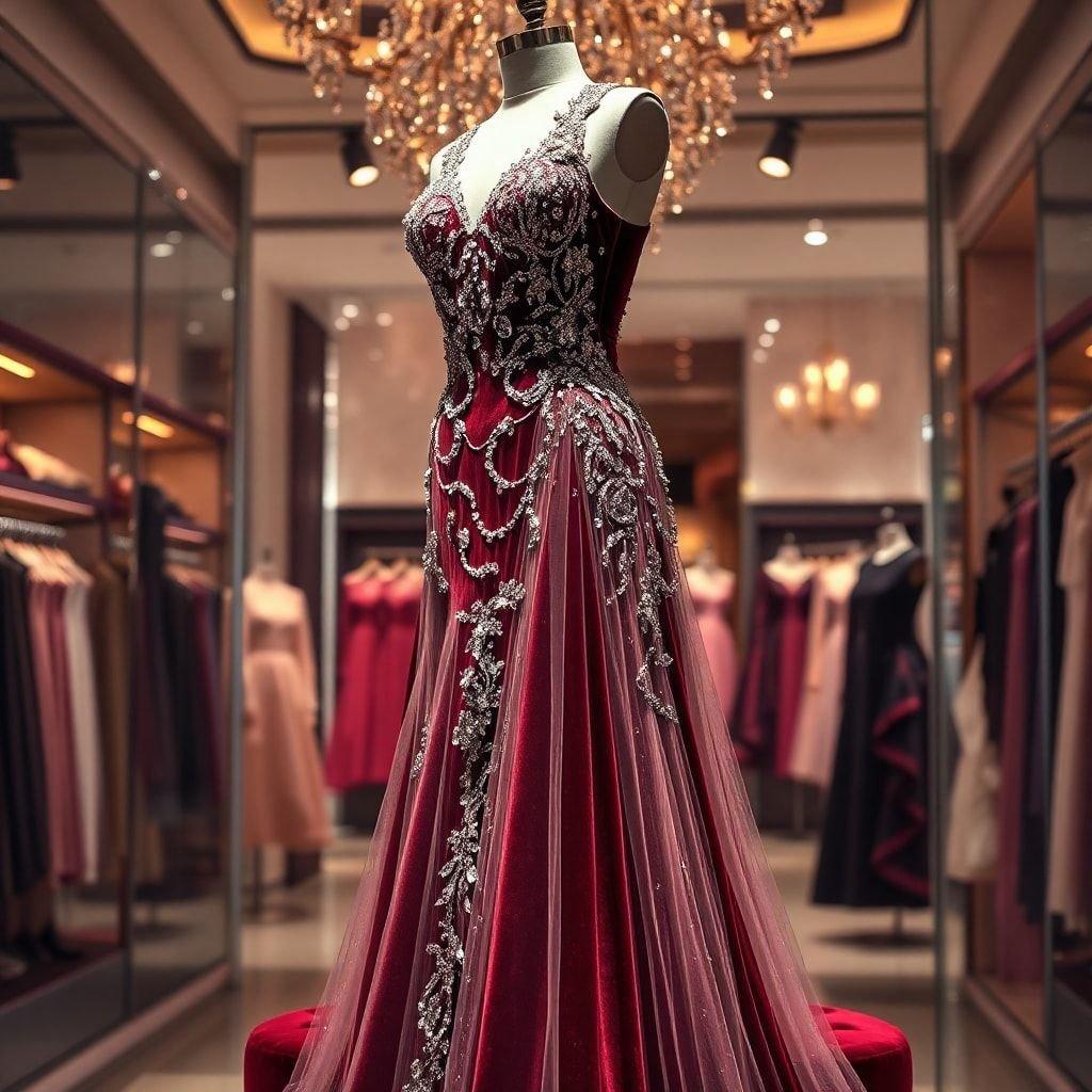 This red couture gown exudes luxury and sophistication, perfect for formal events. The intricate design includes a beaded bodice with sequins that catch the light just right. The long skirt flows down to a train that adds drama to any entrance. This is the dress you'll remember when you make your grand entrance at the ball.